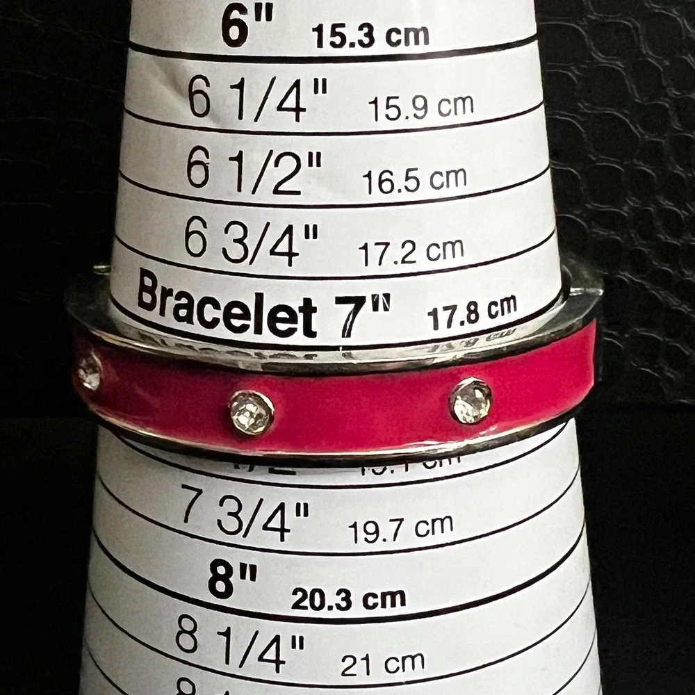 Hot Pink Enamel Rhinestone Silver Tone Hinge Bangle Bracelet 7 Barbiecore